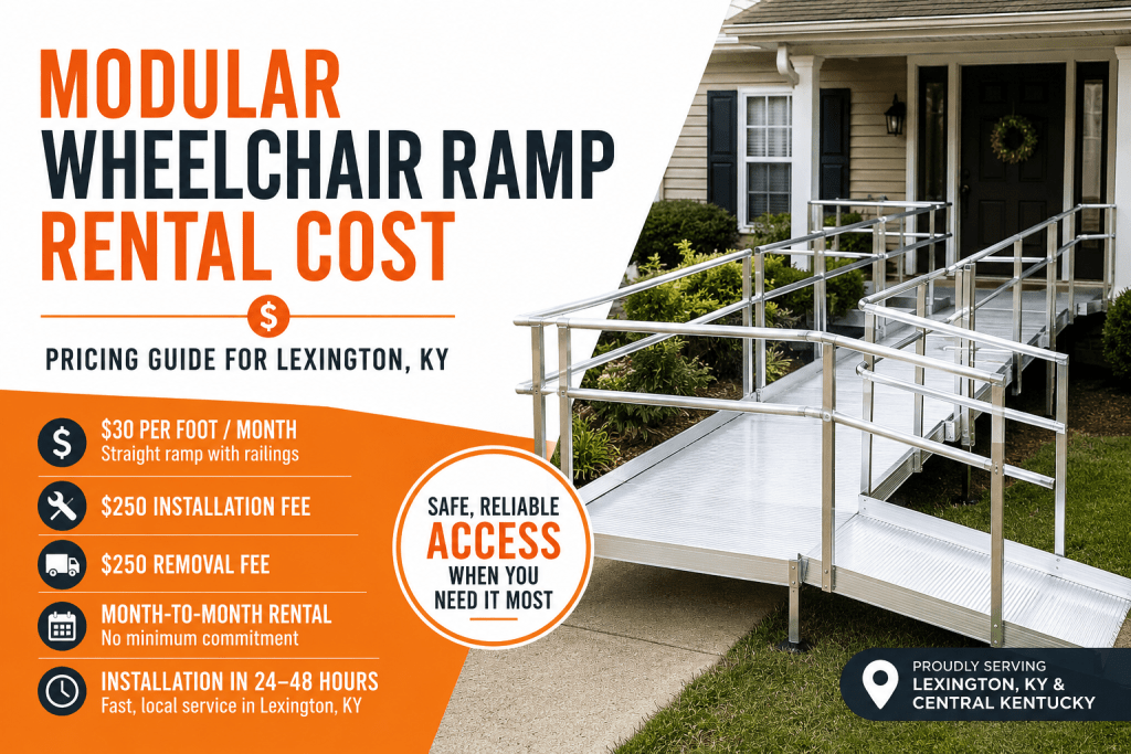 Modular wheelchair ramp rental installed at a residential home in Lexington KY with pricing for monthly rental, installation, and removal