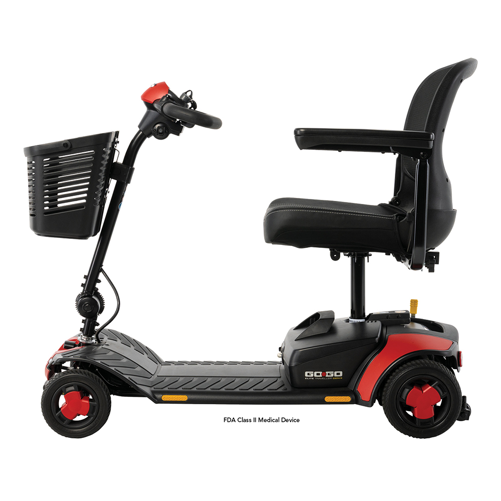 Left side view of the red Pride Go Go Elite Traveller 3 4-Wheel mobility scooter