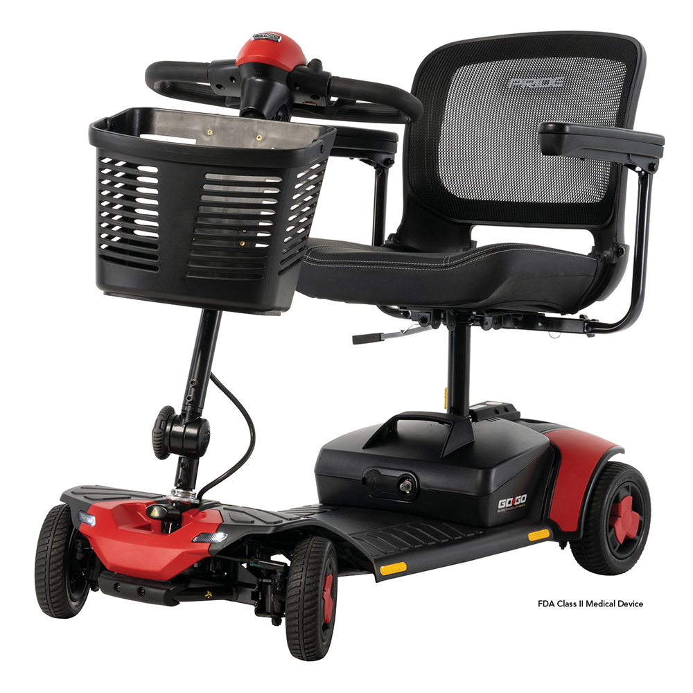 Pride Go Go Elite Traveller 3 4-Wheel mobility scooter in red, front left angle with basket and swivel seat