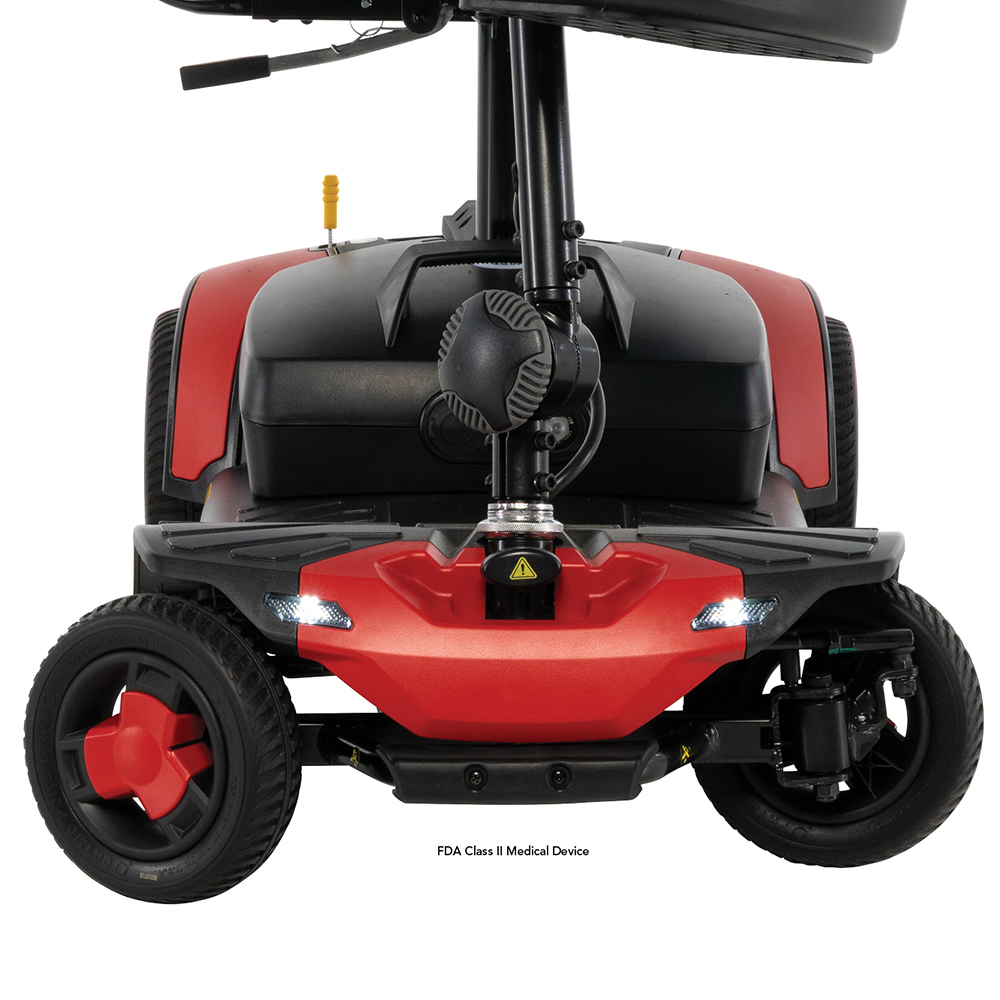 Front view of the Pride Go Go Elite Traveller 3 4-Wheel scooter showing the LED lighting and front wheels