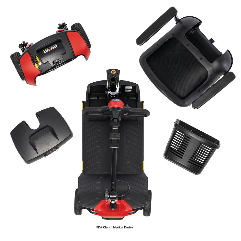 Pride Go Go Elite Traveller 3 4-Wheel mobility scooter disassembled into five pieces for transport