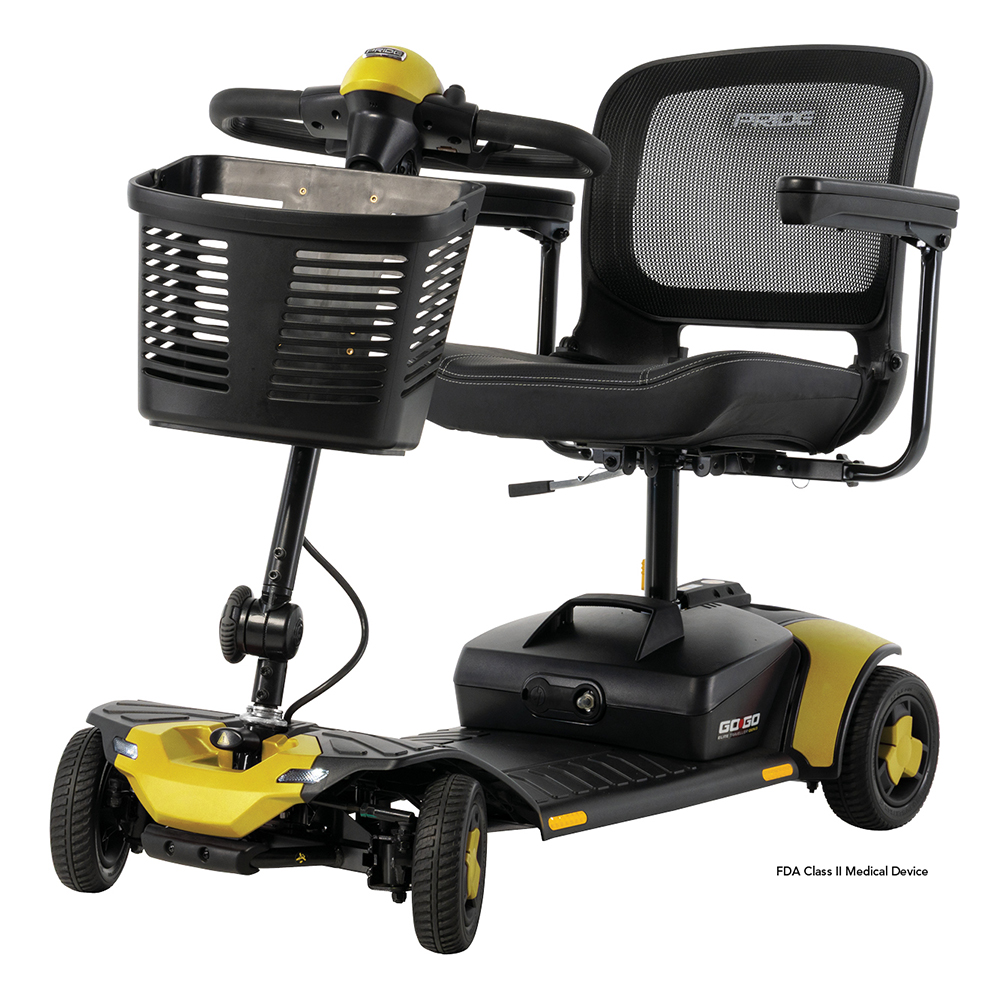 Pride Go Go Elite Traveller 3 4-Wheel mobility scooter in Chell-o yellow, front angle view with basket