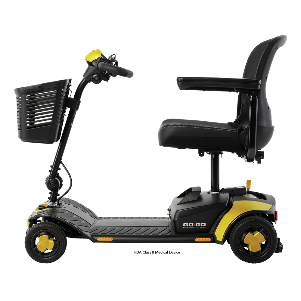 Left side view of the Chell-o yellow Pride Go Go Elite Traveller 3 4-Wheel mobility scooter
