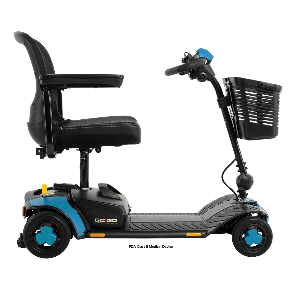 Right side view of the Iceberg Blue Pride Go Go Elite Traveller 3 4-Wheel mobility scooter