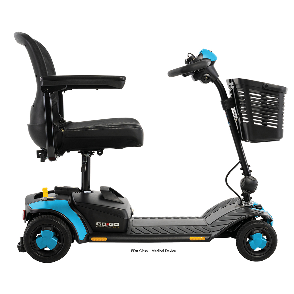 Right side view of the Robin's Egg blue Pride Go Go Elite Traveller 3 4-Wheel mobility scooter