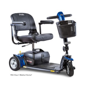 Pride Go Go Sport 3-Wheel mobility scooter in blue, front angle view with front basket and swivel seat