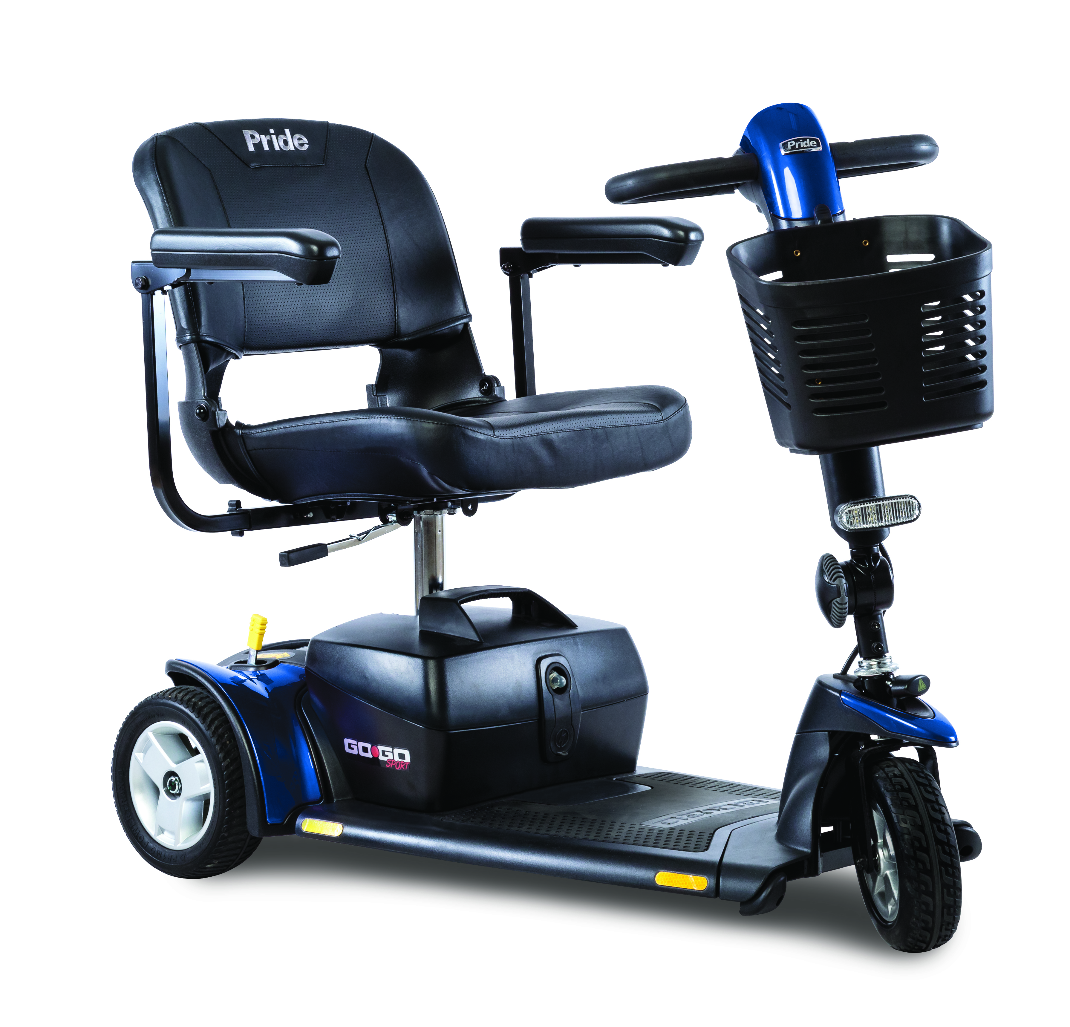 Blue Pride Go Go Sport 3-Wheel travel mobility scooter with LED headlight, front basket and black padded seat
