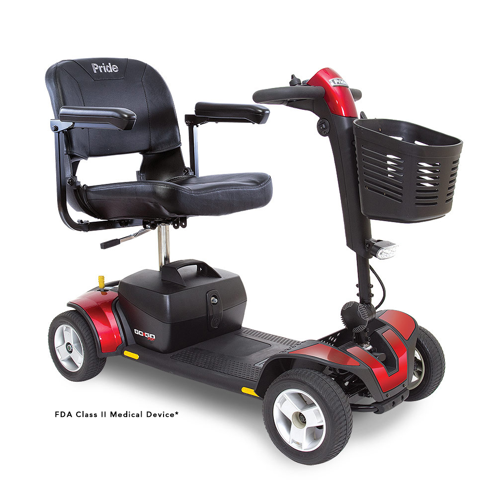 Pride Go Go Sport 4-Wheel mobility scooter in red, front angle view with front basket and padded seat