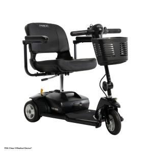 Pride Go Go Ultra X 3-Wheel mobility scooter in black, front angle view with basket
