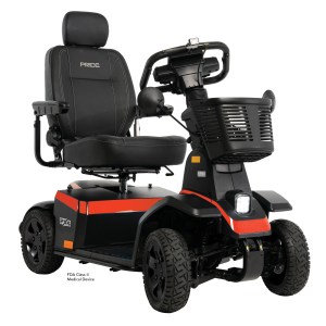 Pride PX4 mobility scooter in red and black, four-wheel design with captain's seat, front basket, and LED headlight, right-side view