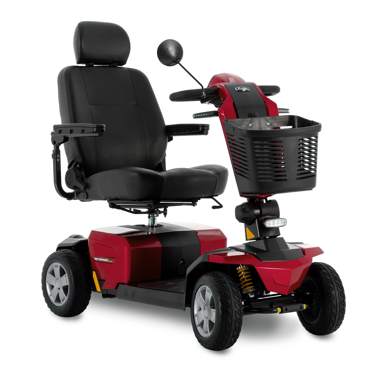 Candy Apple Red Pride Victory LX Sport full-size mobility scooter with captain's seat, mirror, front basket and 10-inch solid tires