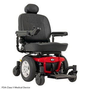 Pride Jazzy 600 ES power wheelchair in red, front right angle view