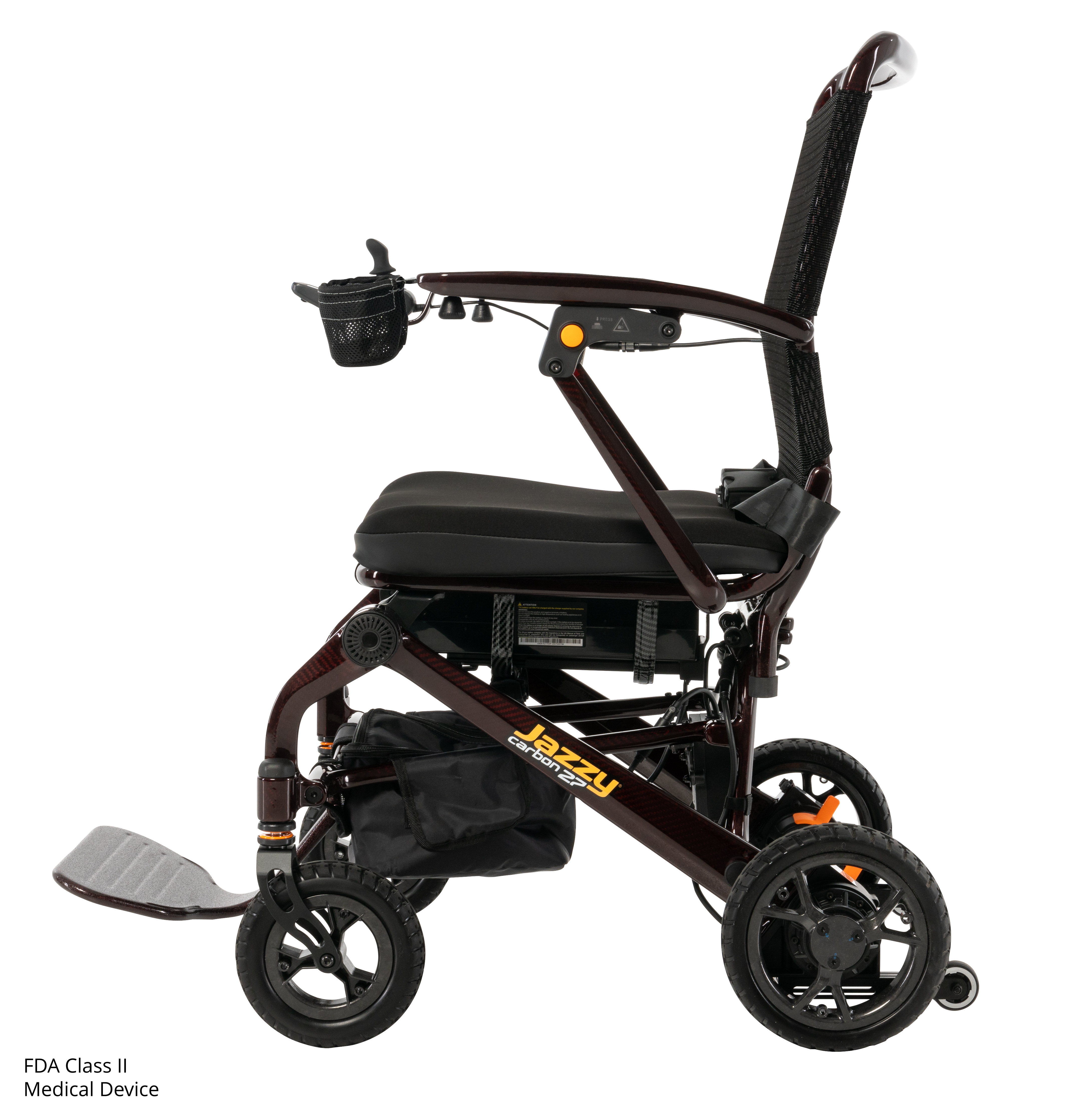Pride Jazzy Carbon 27 folding power wheelchair in Black Cherry, left side profile view