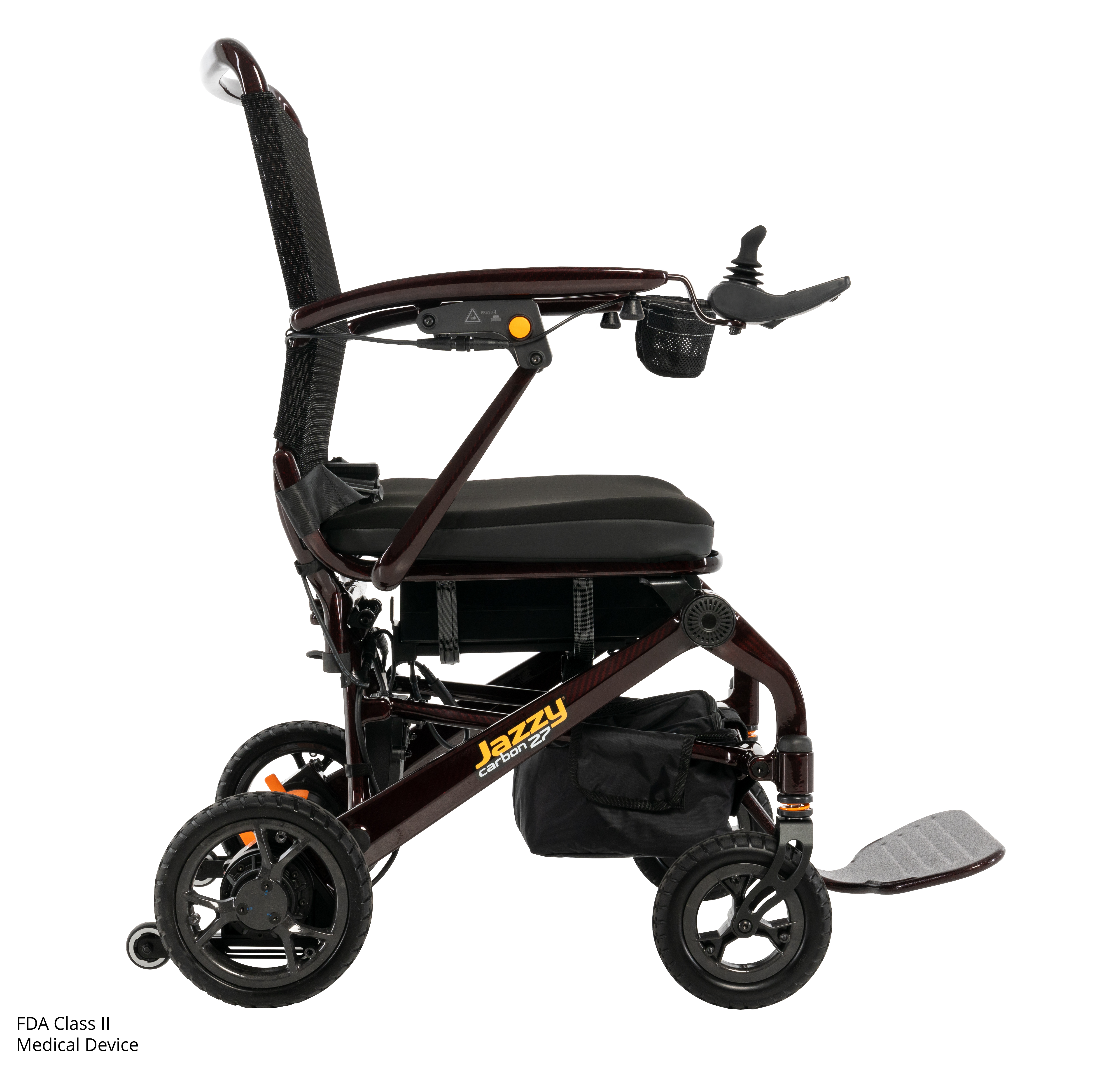 Pride Jazzy Carbon 27 folding power wheelchair in Black Cherry, right side profile view