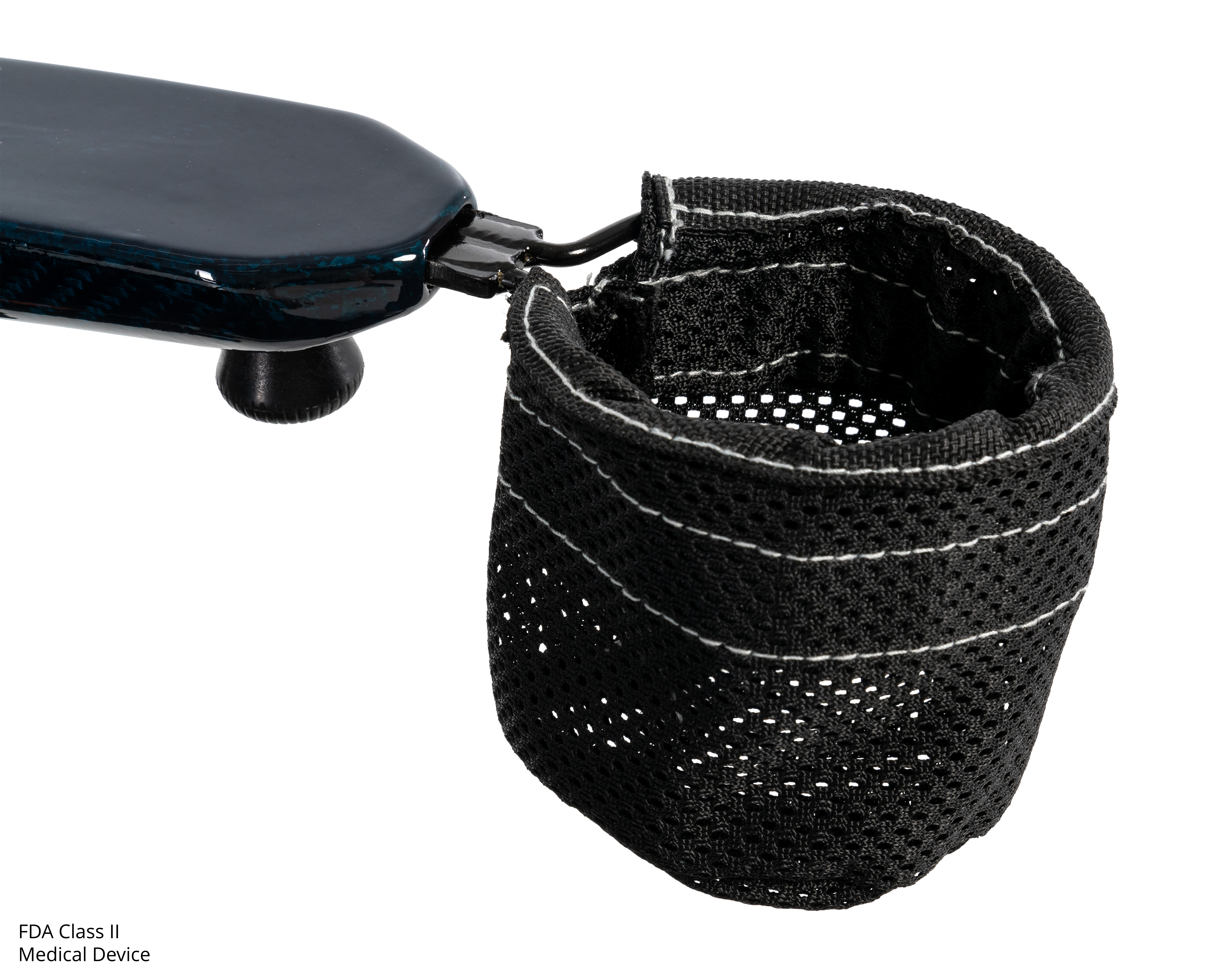 Close-up of the cupholder accessory on the Pride Jazzy Carbon 27 power wheelchair in Night Sky