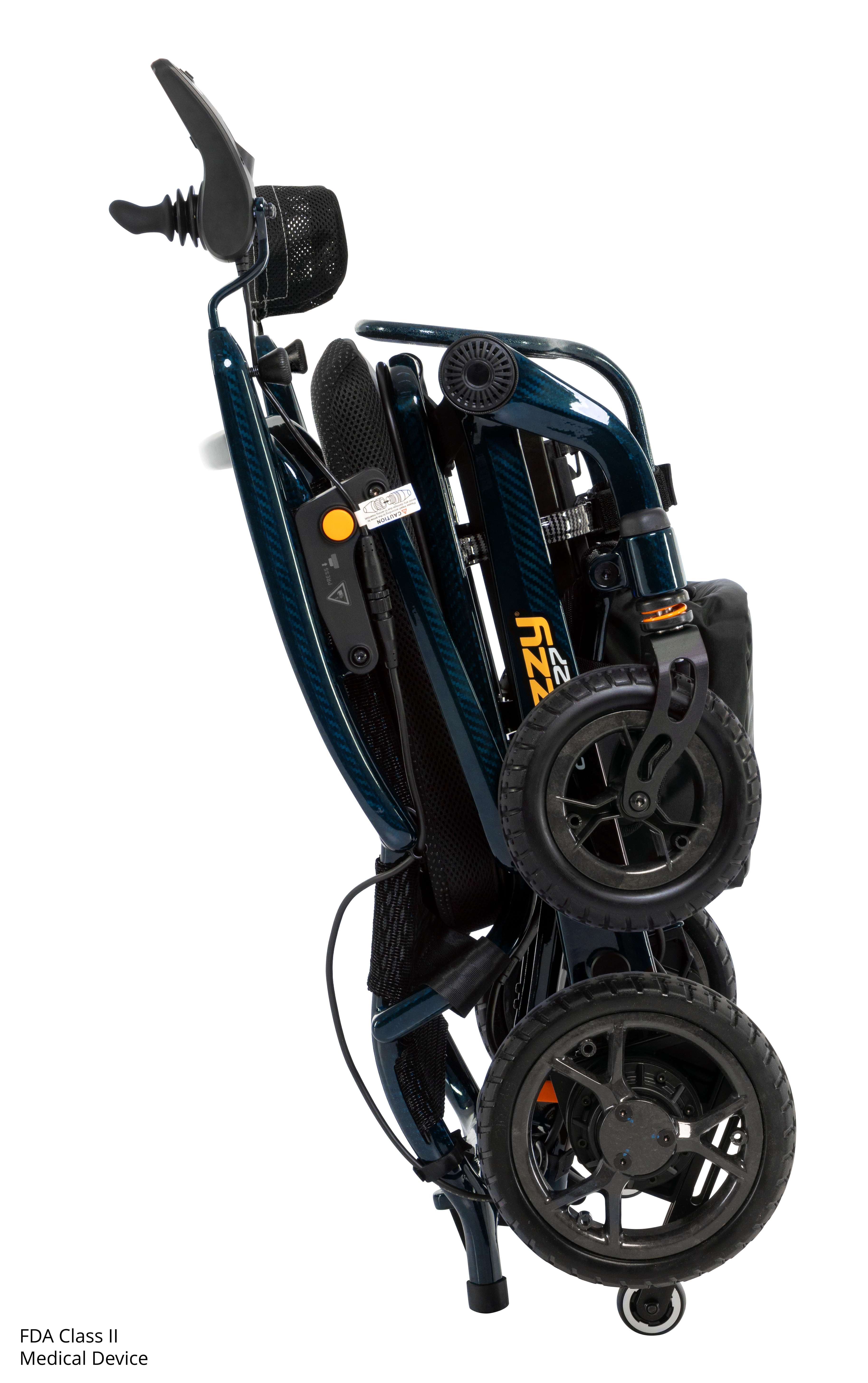 Pride Jazzy Carbon 27 power wheelchair in Night Sky folded into its compact travel position