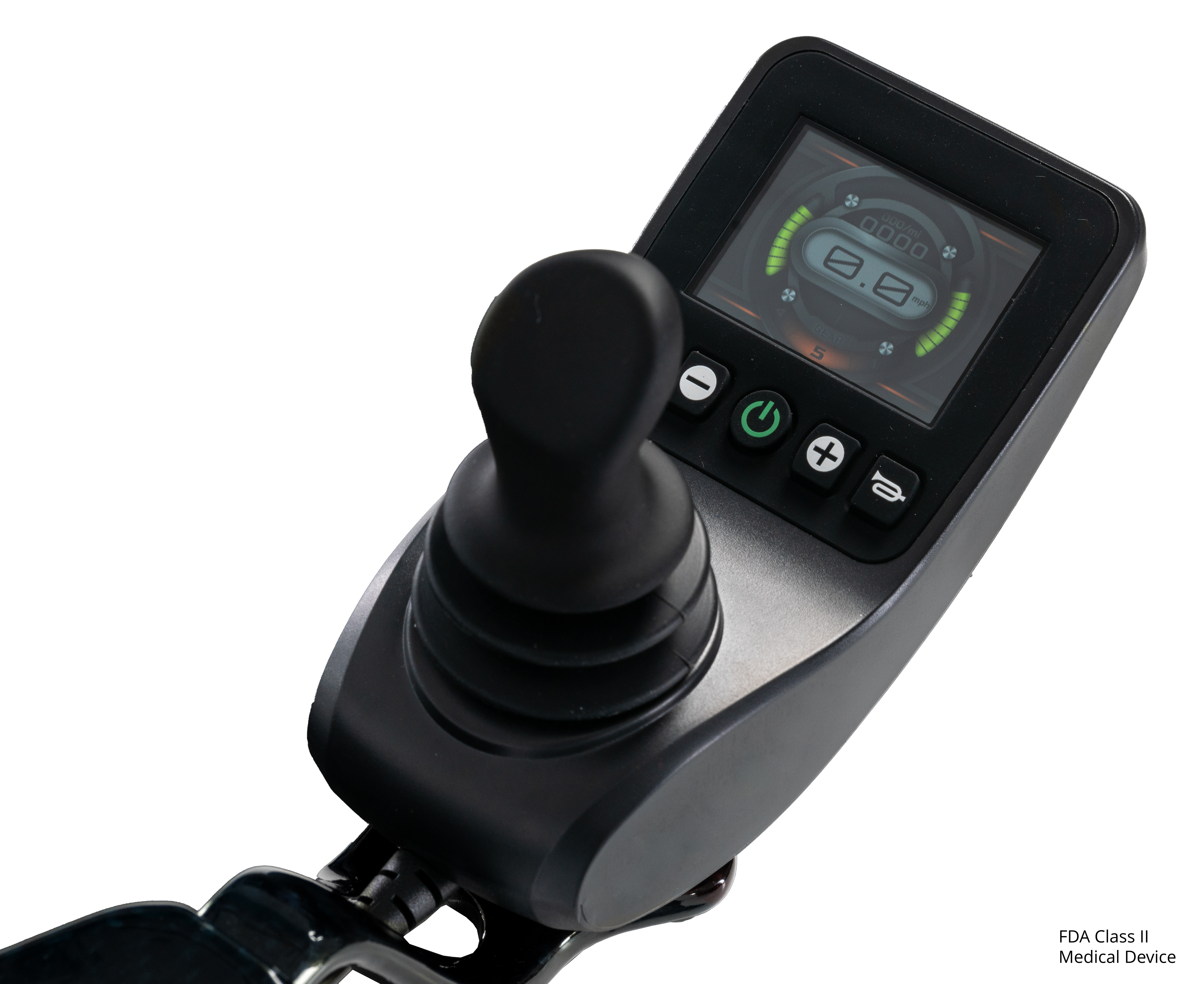 Angled close-up of the LCD joystick controller on the Pride Jazzy Carbon 27 power wheelchair in Night Sky
