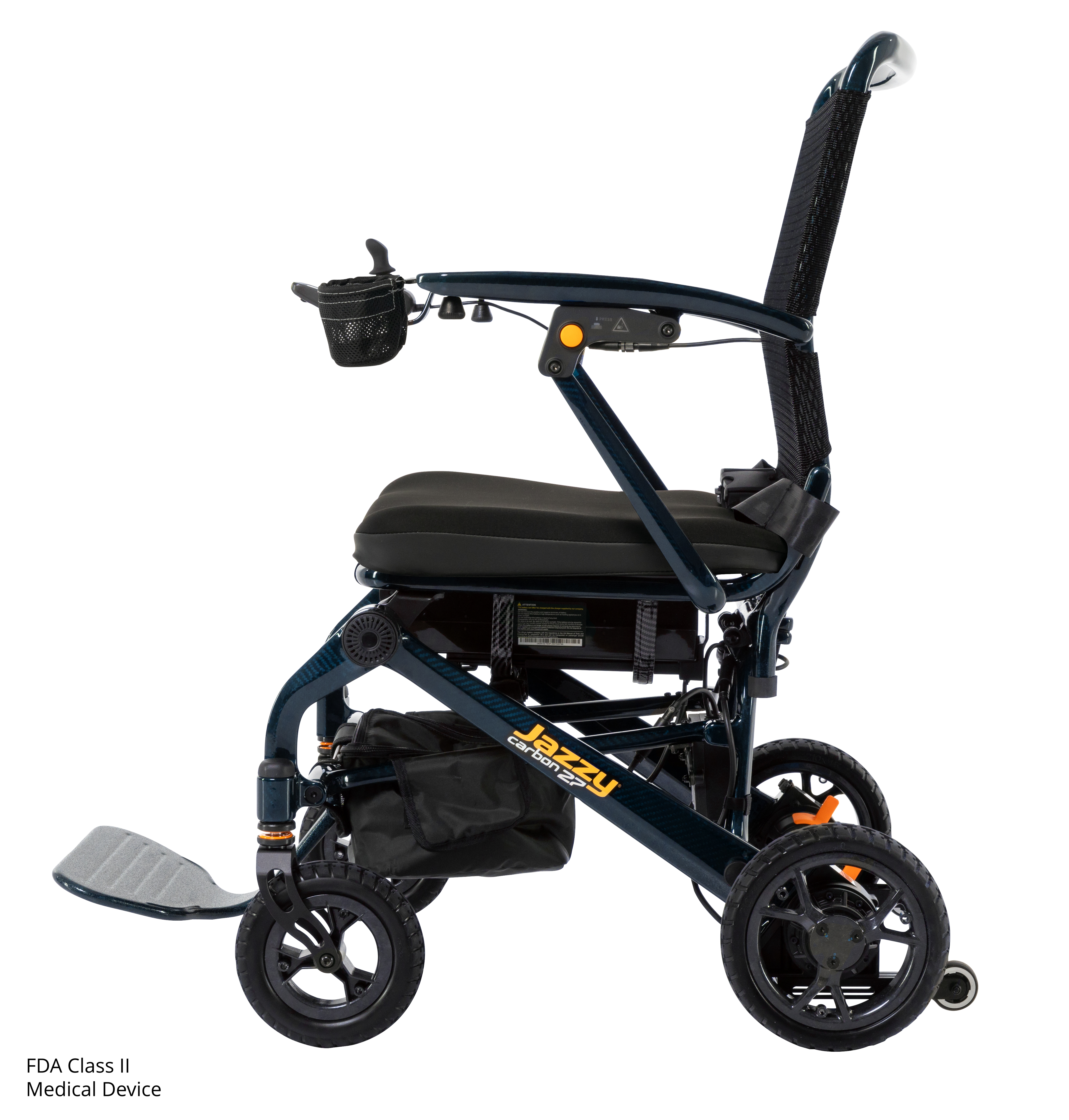 Pride Jazzy Carbon 27 folding power wheelchair in Night Sky, left side profile view