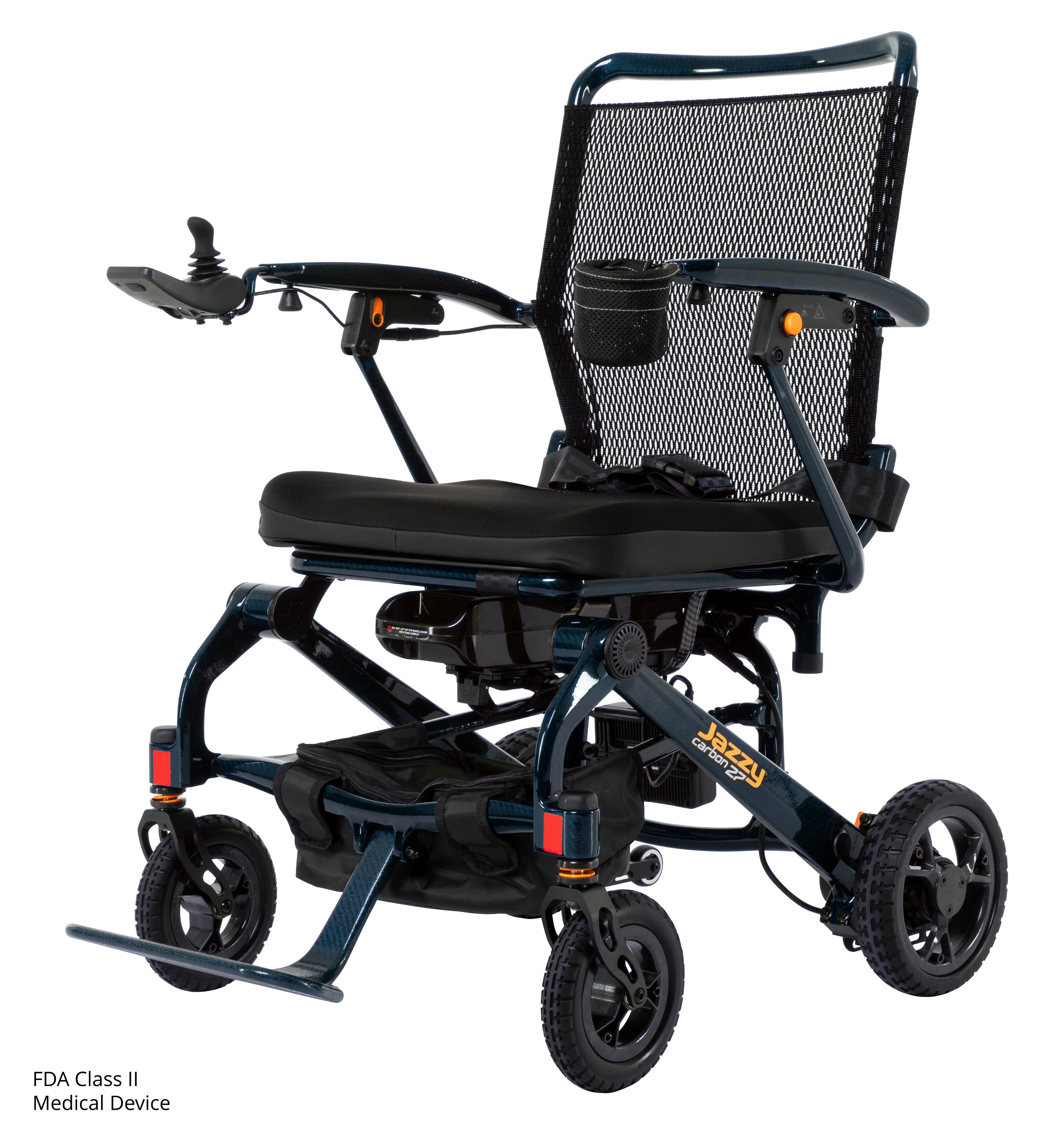 Pride Jazzy Carbon 27 folding power wheelchair in Night Sky, front left angle view