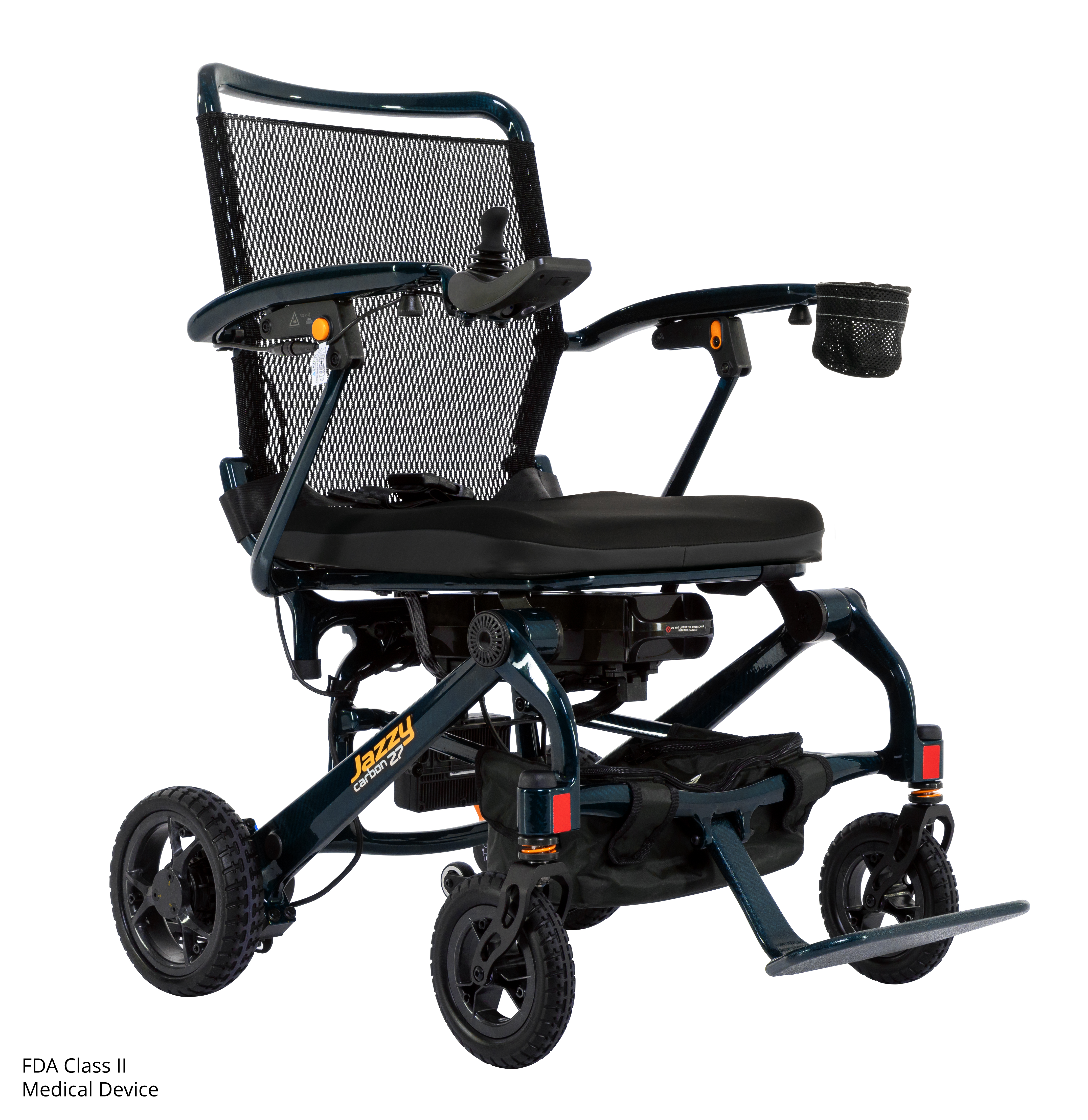 Pride Jazzy Carbon 27 folding power wheelchair in Night Sky, front right angle view showing carbon fiber frame and mesh seat back