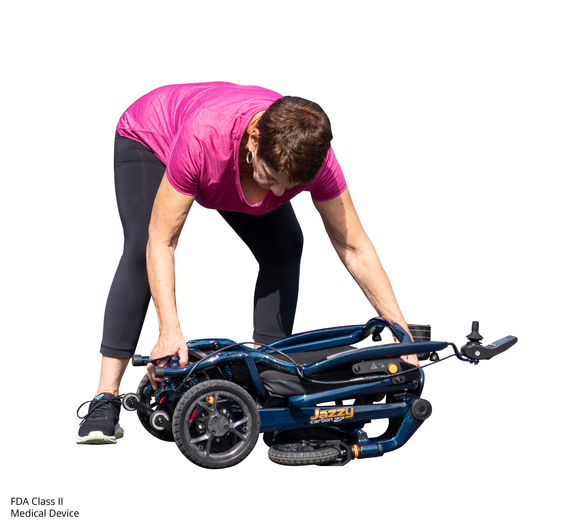 Pride Jazzy Carbon 27 power wheelchair unfolding sequence, step 3 of 5: frame partially unfolded