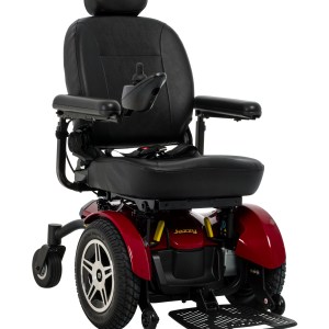 Pride Jazzy Elite HD heavy-duty power wheelchair in red, front right angle view